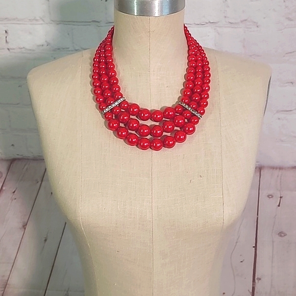 Kosmos Costume Jewelry Cranberry Blood Red Faux Pearl Three Strand Rhinestone - Picture 9 of 17